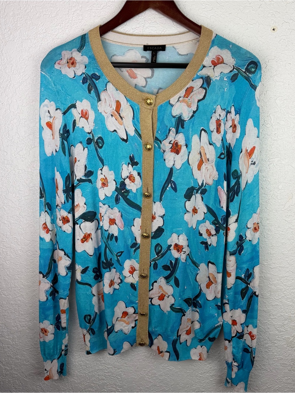 Escada | Blue White Floral Gold Button Lightweight Cardigan Sweater
